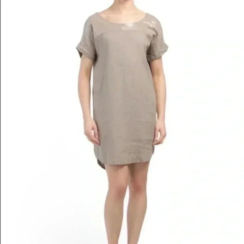 Lungo L’Arno m Linen Dress Taupe Sequin Yoke Made in Italy Medium